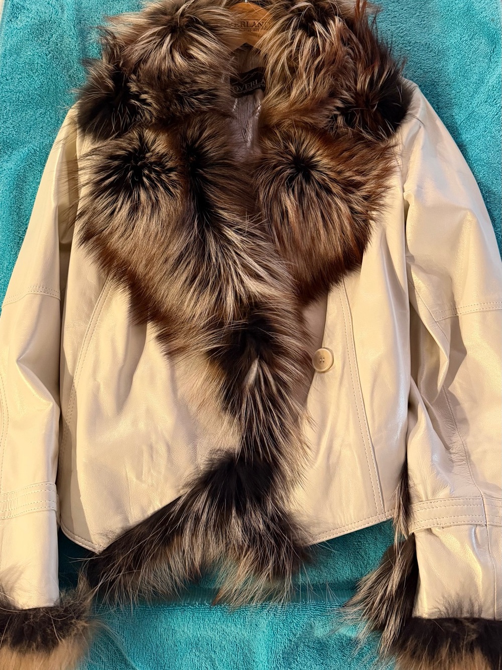 Cream Leather Jacket with Brown-Fur Trim